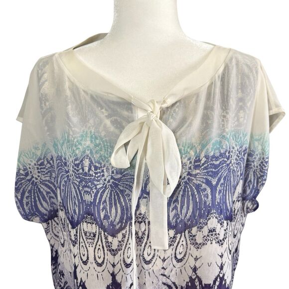 CAbi Blouse Medium Geo Moroccan Blue Print Tie Neck Flowy Layered Shell Top - Picture 2 of 14